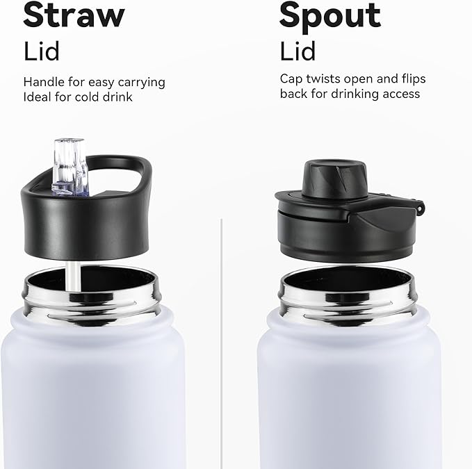 24oz Insulated Water Bottle with Straw Lid, Stainless Steel Metal Water Bottle with Straw & Wide Mouth Lid, Double Wall Vacuum Water Bottle for Hiking Camping, White 1 Pack