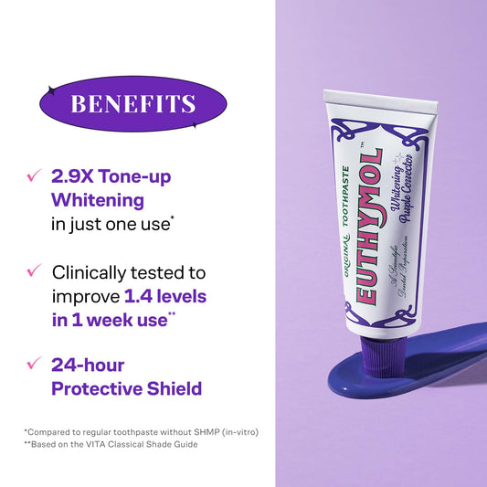 Euthymol Purple Whitening Toothpaste (3.7 fl oz) – for Yellow & Sensitive Teeth | Violet Tone-Up Formula, Instantly Brightens, 24H Stain Defense, Long-Lasting Fresh Breath