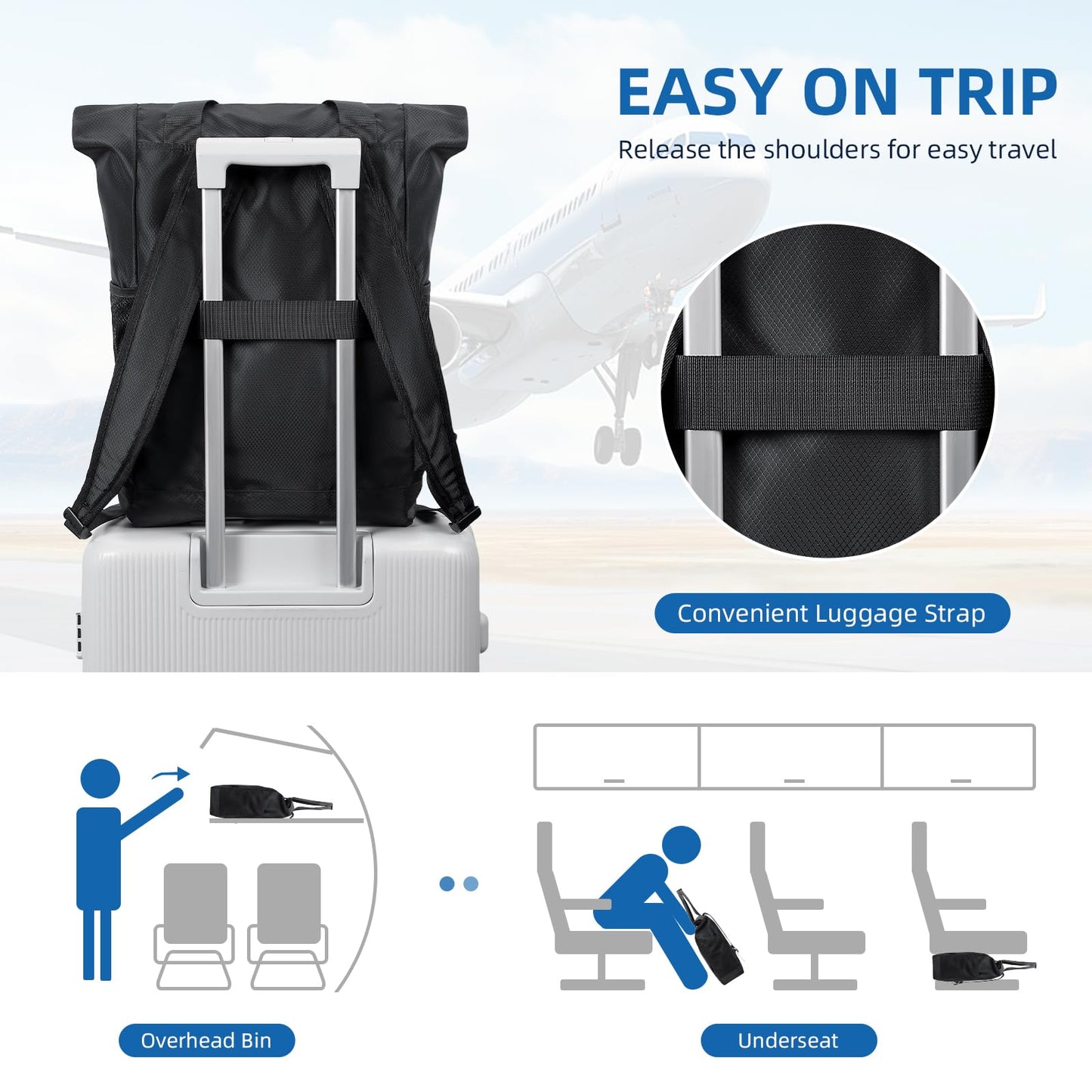 GOLF QUALITY Foldable Convertible Tote Backpack Lightweight Versatile Nylon Daypack for Women Men Work Leisure Travel,Black