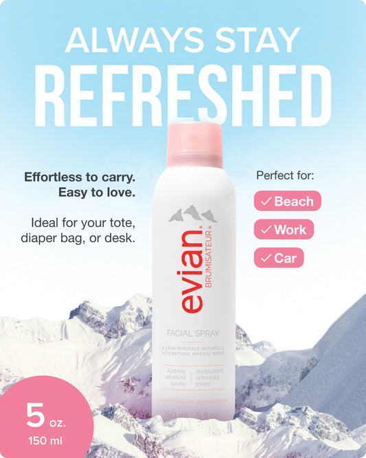 Evian Facial Spray 5 oz - Hydrating Mineral Water Mist for Face & Skin - Refreshes Makeup, Sets, & Tones - Skincare Mist for Daily Hydration and On-the-Go Moisturizing Relief