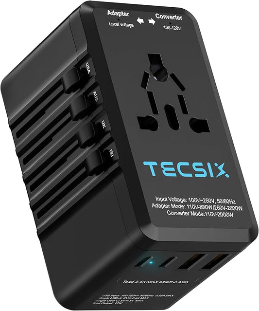 220V to 110V Voltage Converter, TECSIX Universal Travel Power Converter Adapter Combo with 2 USB C, 2 USB A, AC Outlet, Step Down International Power Adapter Worldwide to Europe, UK, US, AUS, Asia