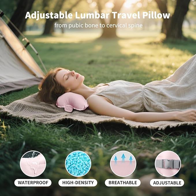 Mixtrend Travel Lumbar Pillow – Inflatable Memory Foam Back Support Cushion for Airplane, Car, Office Chair, Long Flight – Ergonomic Pain Relief for Women, Men & Kids（Blush Pink）