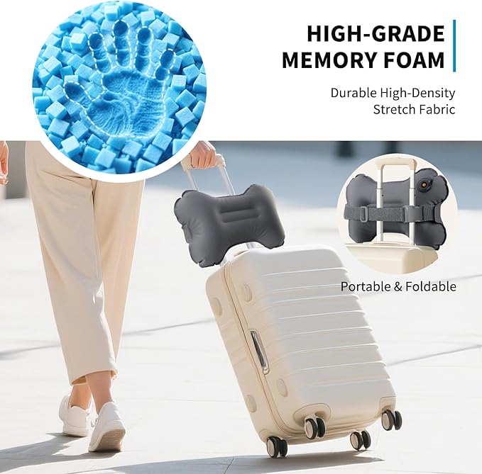 Mixtrend Travel Lumbar Pillow Inflatable Lumbar Support Pillow with Memory Foam, Back Support Pillow for Airplane Long Flight, Essential Travel Support Pillow for Women Men Kids（Chrcoal Grey）