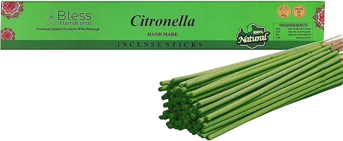 Bless-Citronella 100%-Natural-Handmade-Hand-Dipped-Incense-Sticks Organic-Chemicals-Charcoal-Free Purification-Relaxation-Positivity-Yoga-Meditation Best-Woods-Scent (25 Sticks (1.4 OZ))