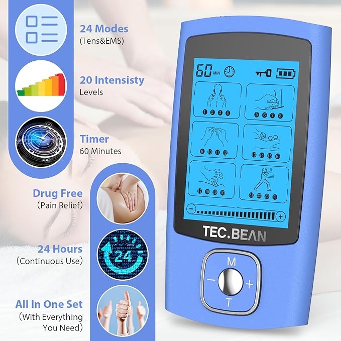 24 Modes Tens Unit Muscle Stimulator, Rechargeable Tens Machine with 8 Electrode Pads (American Gel), Electric Pulse Massager for Pain Relief Therapy（Blue）