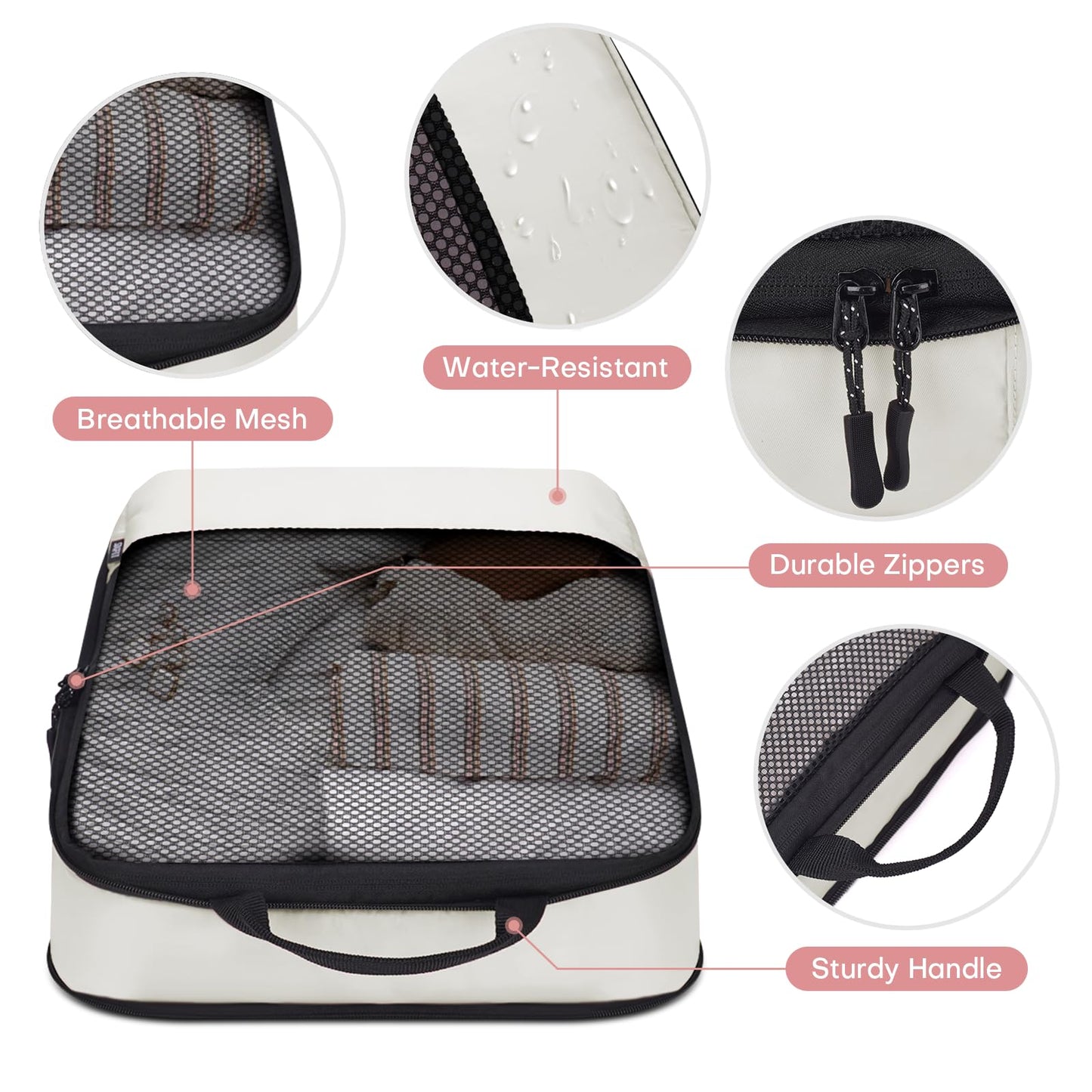 4 PCS Set Compression Packing Cubes for Travel, Lightweight Packaging Organizer Bags for Carry On Space Saving, Travel Essentials Cubes for Suitcase Backpack, Beige