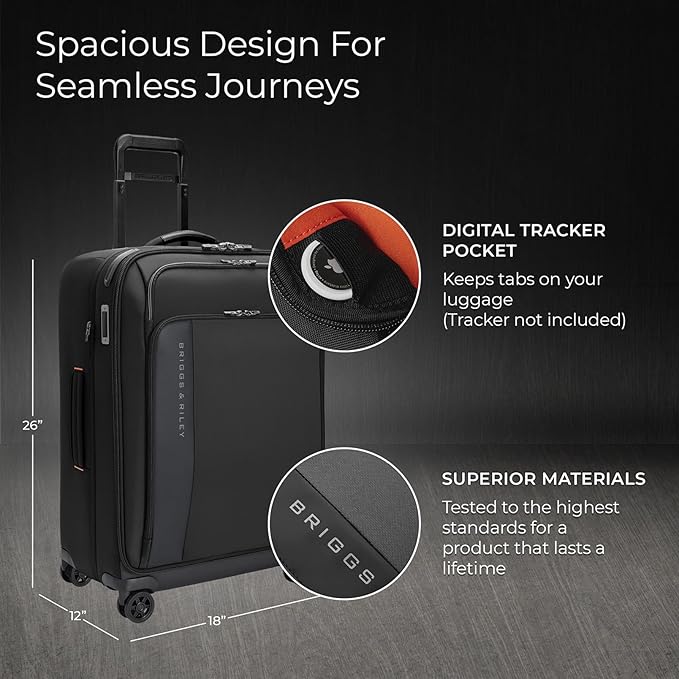 Briggs & Riley 26" Medium Expandable Spinner - Checked Luggage for Travel, Suitcases with Wheels, Softside Rolling Bag for Men & Women - ZDX Collection, Black