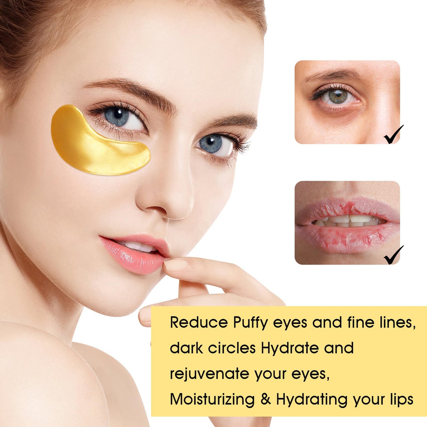 40 PCS Under Eye Patches and Gold Lip Mask 24K Gold Eye Mask for Puffy Eyes Collagen Lip Masks and Crystal Eye Mask Reducing Fine Lines for Women and Men