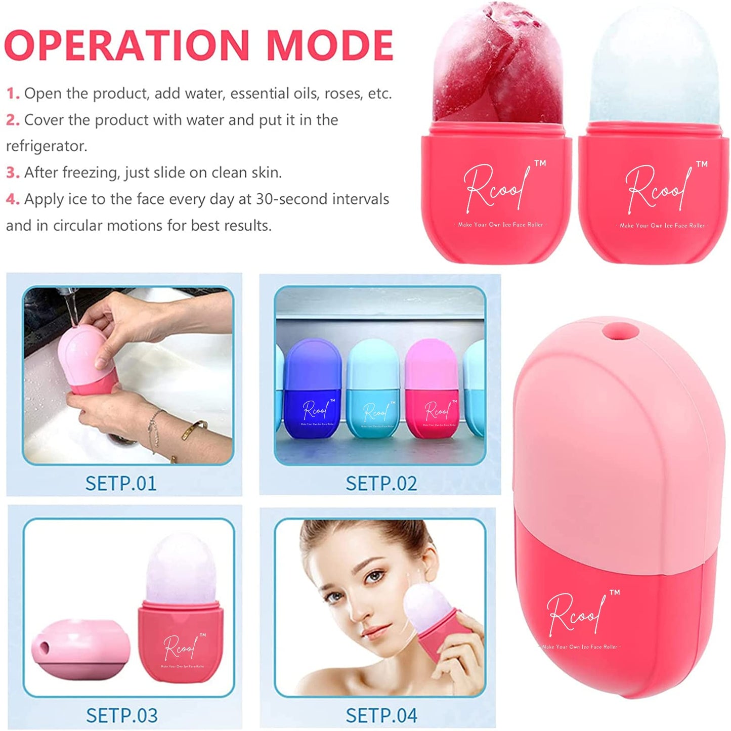 Rcool Ice Face Roller & Gua Sha,Face Massager,Facial Beauty Ice Roller Skin Care Tools,Skin Care Products-for Face&Eyes,Remove Fine Lines,Shrink Pores,Reduce Acne and Lubricate The Skin. (Pink)