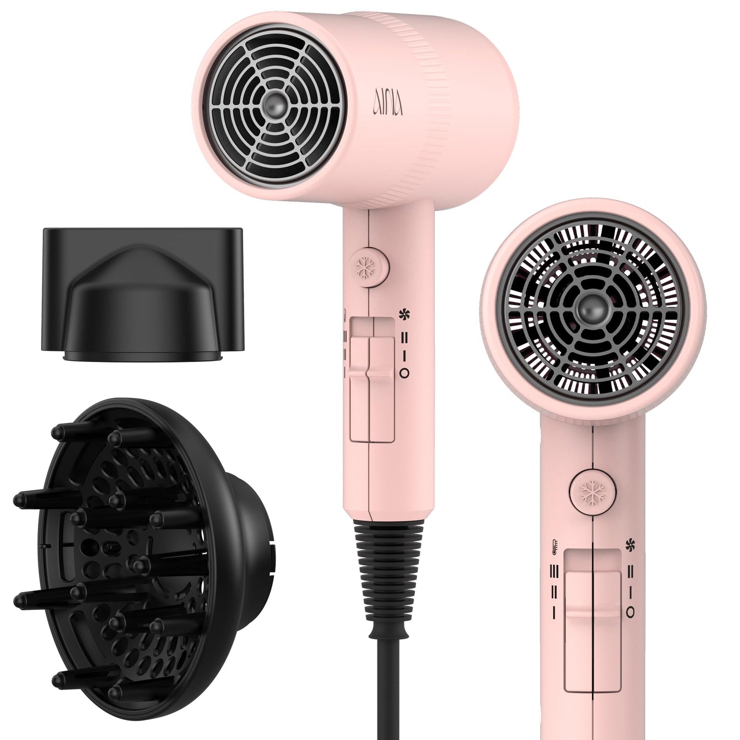 AINA Hair Dryer with Diffuser, Blow Dryer for Women | Advanced Ionic Technology, Ceramic Coating | Cold Shot Features Turbo Heat for Fast Drying and Shine 110V/ALCI (Babe Pink)