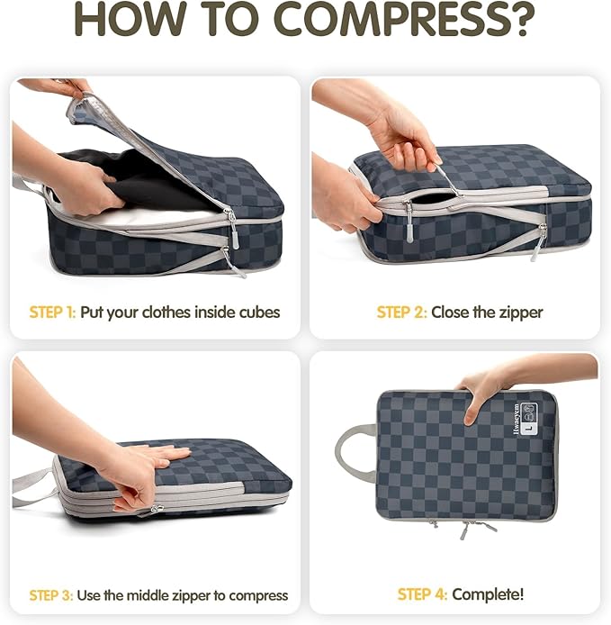 8 Set Compression Packing Cubes for Travel, Lightweight Dual Zipper Packing Cubes, Space-Saving Suitcase Organizer for Travel/Business Trip/Family Vacation (Blue-Gray Checkered)