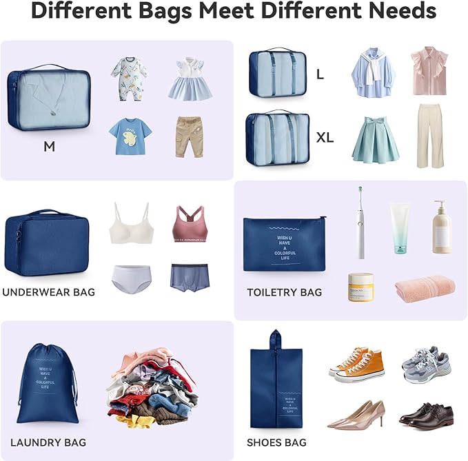 AnyZip Luggage Sets 10 Piece Hardshell Suitcase Set PC ABS Lightweight Travel Suitcases with 4 Double Spinner Wheels TSA Lock 20 24 28 Inch with 7 Storage Bags Dark Blue