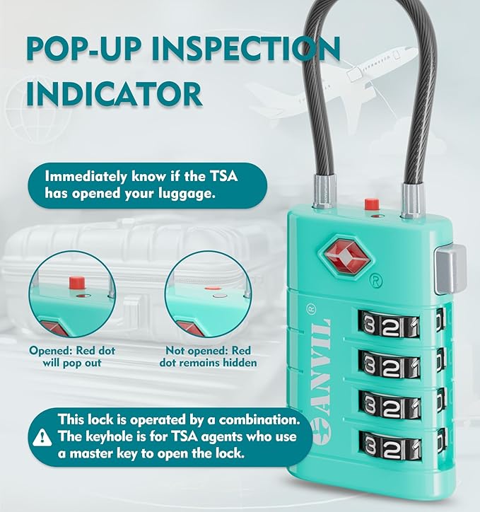 ANVIL 4 Digit Luggage Locks, TSA Locks for Luggage, Advanced TSA008 core, Alert Indicator for Your Travel Lock, Suitcase Lock. (4, Cyan)