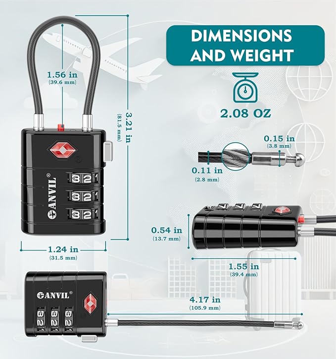 ANVIL TSA Approved Luggage Locks – High Security TSA008 Combination Travel Locks with Inspection Indicator for Suitcases and Backpacks. (6, Black)