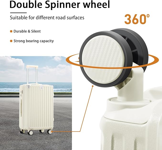 20 Inch Carry On Luggage With Cup Holder & USB Port, Airline Approved TSA-locked Luggage, Lightweight PC Material Travel Suitcase With 360° Spinner Wheel (20in-White, 20in)