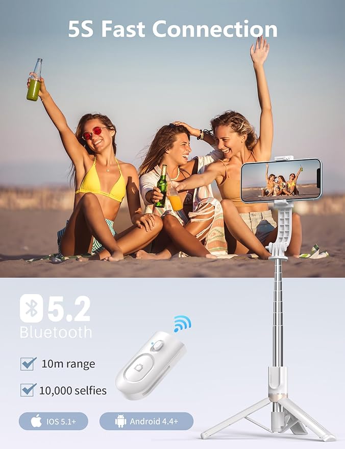 45'' Selfie Stick with Light, Travel Tripod Essentials with Wireless Remote, Portable Cell Phone Tripod Stand, Beach Cruise Ship Essentials for Family, Compatible with 4-7.2" All Smartphone