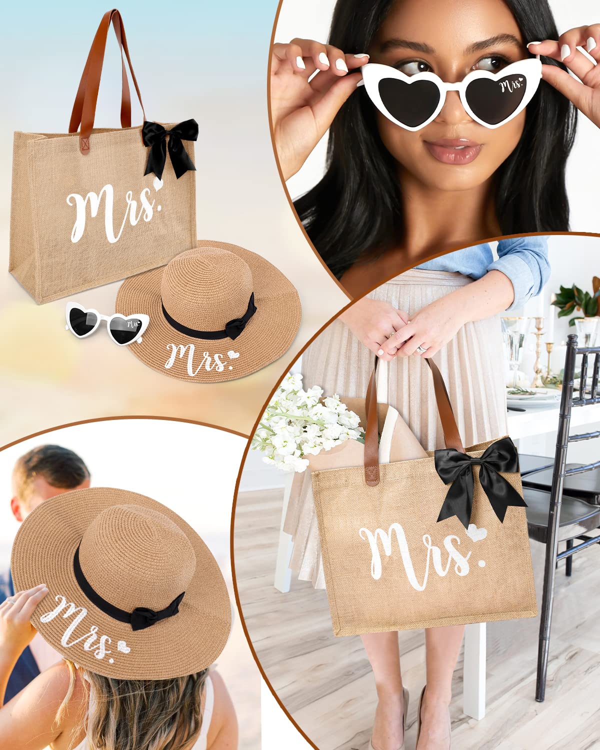 Percozzi Mrs. Tote Bag Sun Hat Glasses Set Bride-To-Be Bridal Shower Gift with Cute Heart Basket for Bride Wifey Honeymoon Jute Tote Bag Kit Summer Beach Present for Friend Set of 3