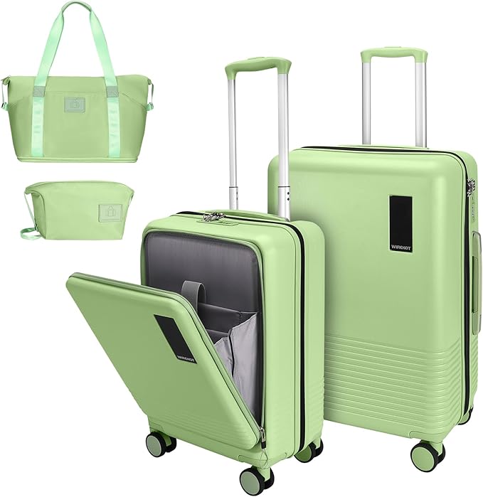 2 Piece Luggage Sets with Spinner Wheels Front Open Pocket, ABS+PC Suitcase with TSA Lock & YKK Zipper, Carry On 20/24 inch Medium +Toiletry Bag+Handbag, Light Avocado Green