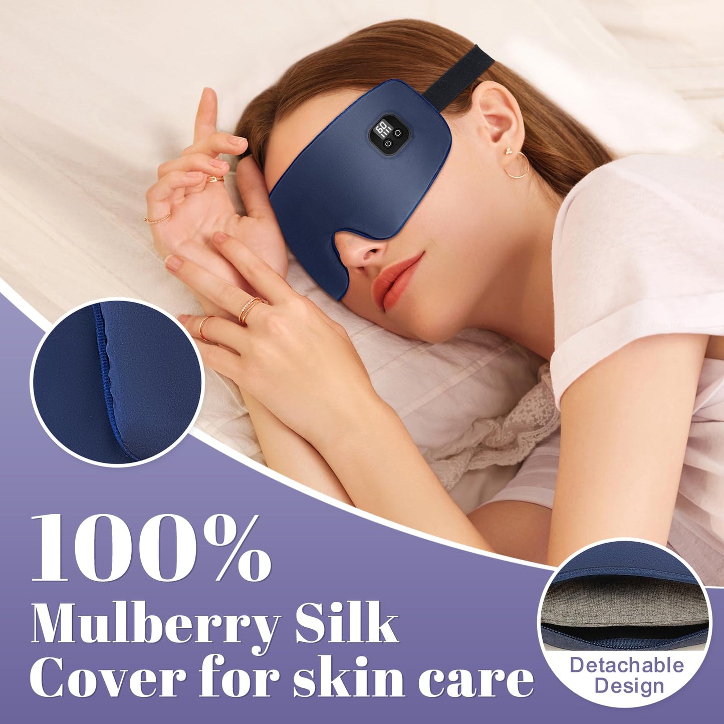 Aroma Season Silk Heated Eye Mask Cordless, 1500mAh Warm Eye Compress for Dry Eyes, Blepharitis, 4 Time Levels and 4 Temperature Settings, Washable (Navy Blue)
