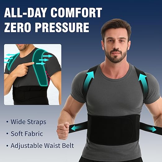 Back Brace Support Posture Corrector for Men – Full Back Support for Upper, Mid & Lower Back Pain Relief, Ergonomic 3-in-1 System Improves Posture & Helps with Slouching, Rounded Shoulders (1, X-Large)