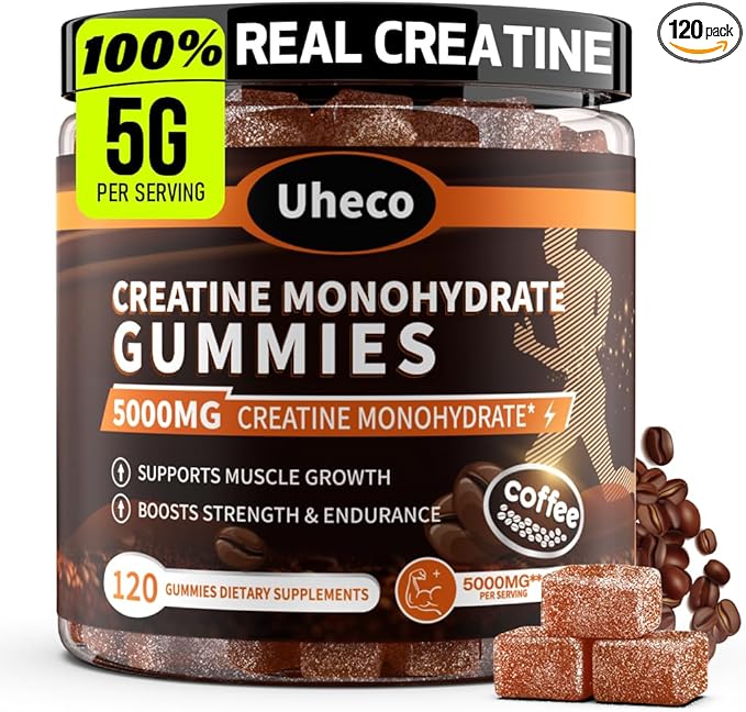 Coffee Flavor Creatine Monohydrate Gummies for Men & Women,Contains L-Taurine + Vitamin B12, Betaine, L-Citrulline for Improve Exercise Endurance, Muscle Strength -120 Count