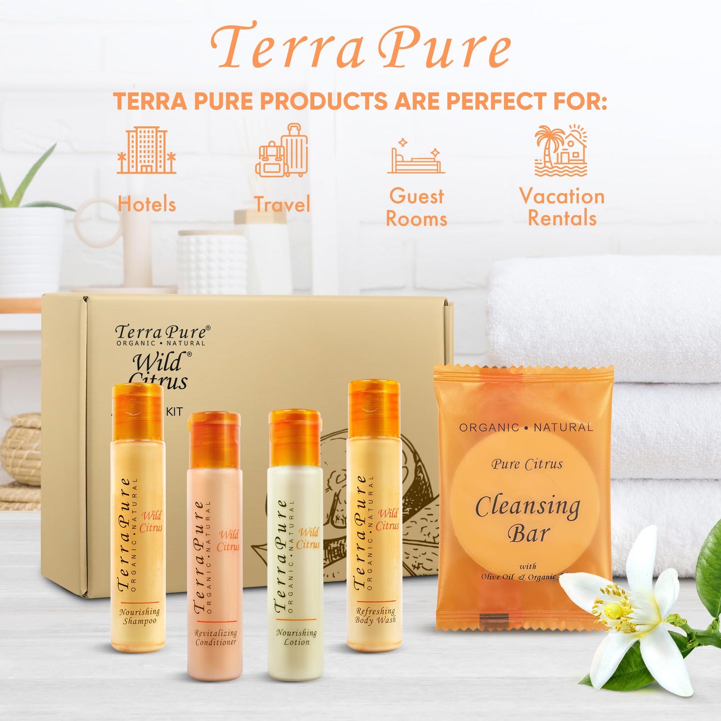 Terra Pure Amenity Kit | Boxed Hotel Toiletries Bulk Set | 1 oz Shampoo, Conditioner, Lotion, Body Wash & Cleansing Bar | 1 Set per Case