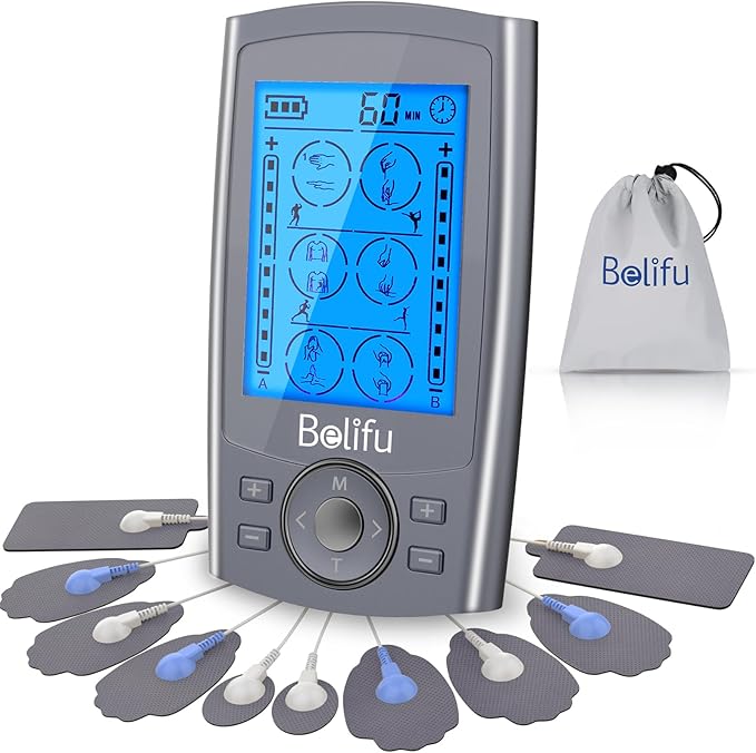 Belifu Dual Channel TENS EMS Unit 24 Modes Muscle Stimulator for Pain Relief Therapy, Electronic Pulse Massager Muscle Massager with 10 Pads, Dust-Proof Drawstring Storage Bag, Fastening Cable Ties