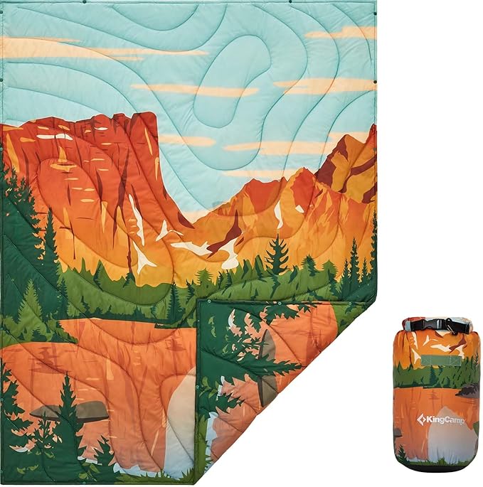 KingCamp Ultralight Camping Blanket, Packable Down Alternative Puffy Printed Wearable Blanket with Snap Buttons & Corner Loops Weatherproof Quilt for Outdoor Travel Stadium (79"L x 57"W, ORANGE/BLUE)