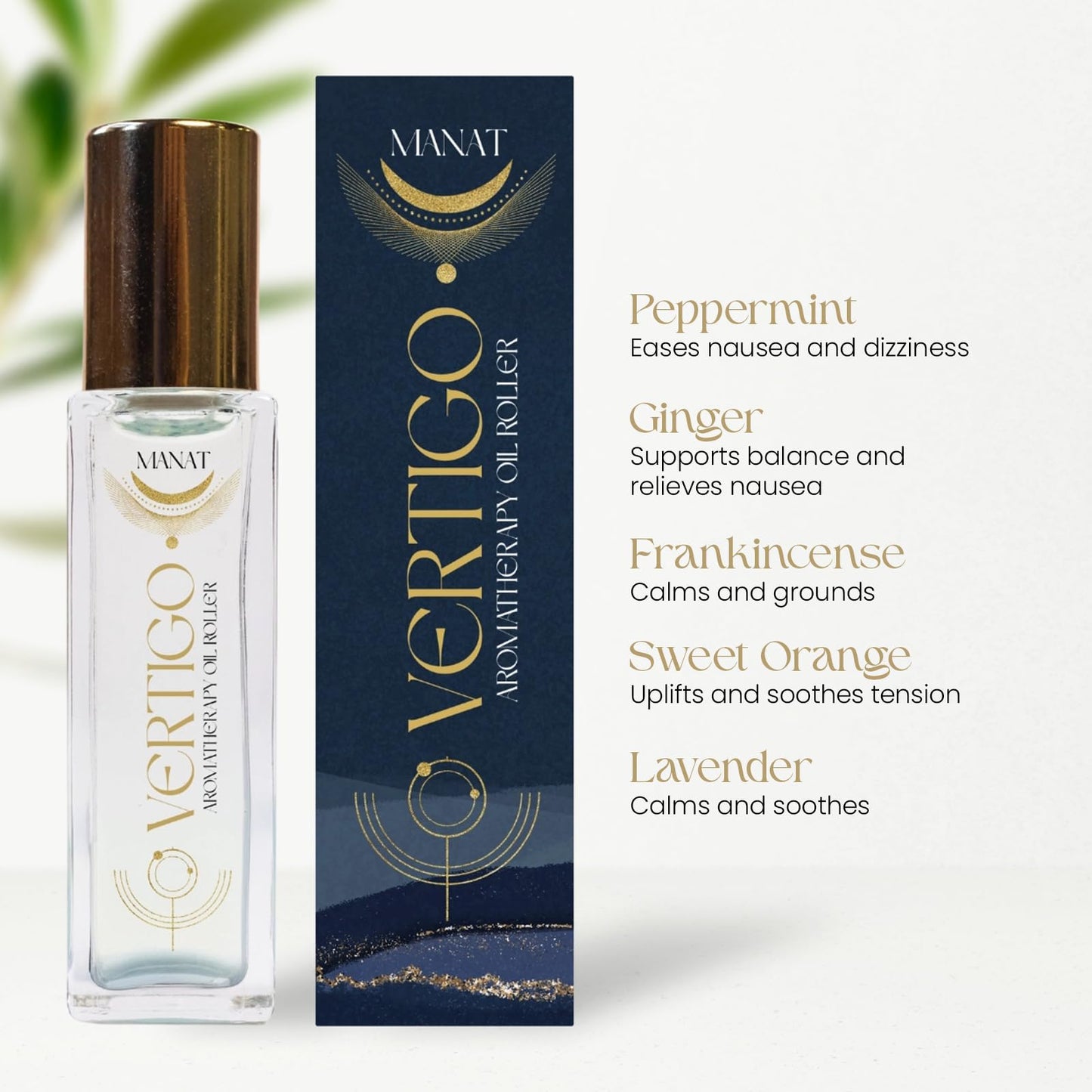 Manat Vertigo Essential Oil Roll On –100% Natural Aromatherapy – 10ml Glass Roller Ball – Dizziness Reduction, Blance & Clarity Blend w/Peppermint, Ginger & Orange - Relaxation, Self Care, Gift