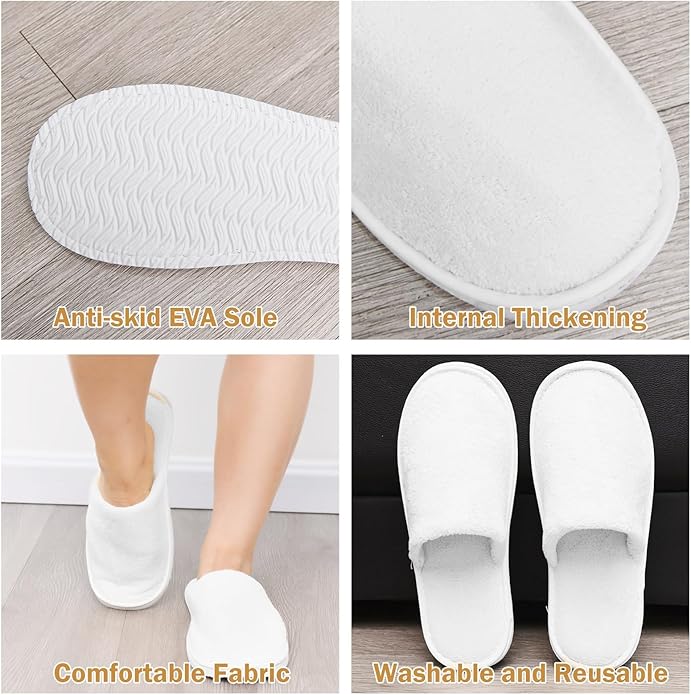 AQUEENLY 6 Pairs Disposable Spa Slippers for Guests, Hotel Slippers, Non-Slip Indoor Slippers for Women & Men, White Grey, Size 9.5-10.5 Women/11-11.5 Men