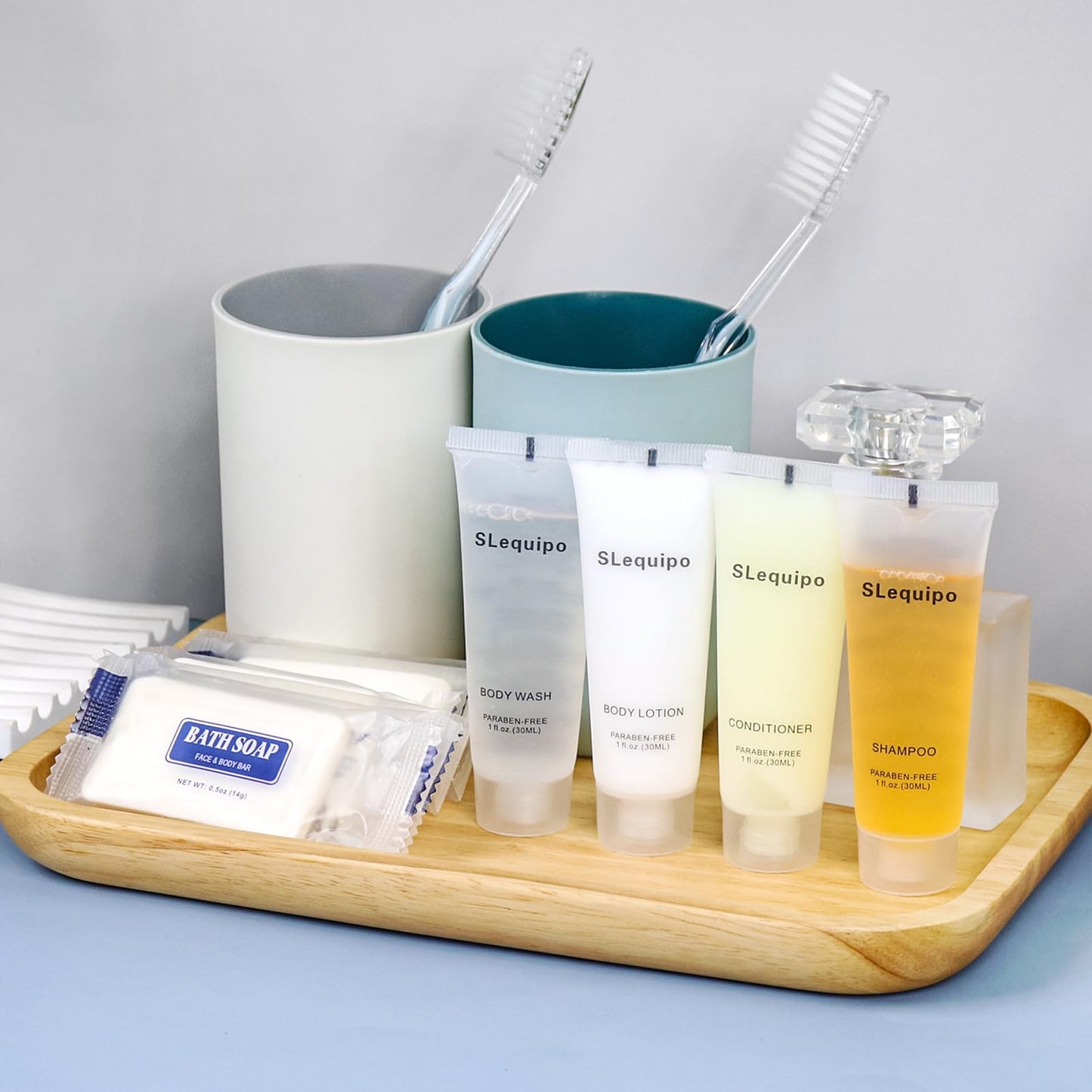 SLequipo 5-IN-1 Hotel Soaps and Toiletries Bulk Set, Hotel Toiletries (100Pcs) 5-Piece Set: 20 Bar Soap 0.5oz, 20 Shampoo, 20 Body Wash, 20 Body Lotion, 20 Conditioner - Mini Guest Toiletries Bulk