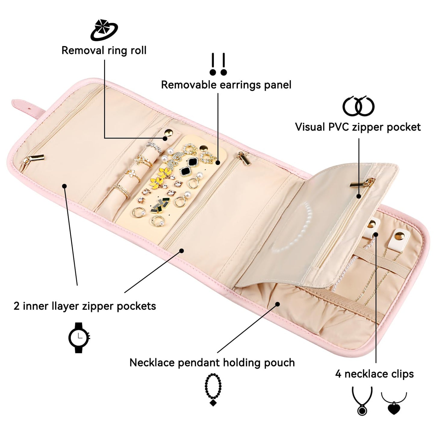 Voova Travel Jewelry Holder Organizer Case, Small Jewelry Storage Bag for Women Girls, Foldable Traveling Jewellery Pouch Roll for Necklaces Rings Earrings Bracelets, Mini, Light Pink