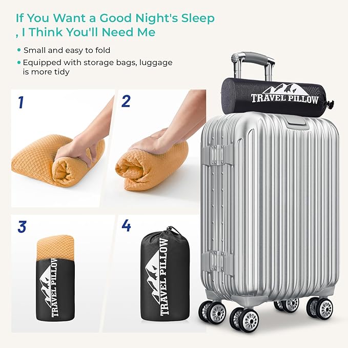 Travel Pillow Memory Foam Pillows, Camping Pillow-Compressible Medium Firm, Breathable Cover, Ideal Backpacking Hiking, Bed Pillows, Airplane and Car (Apricot Yellow, L)