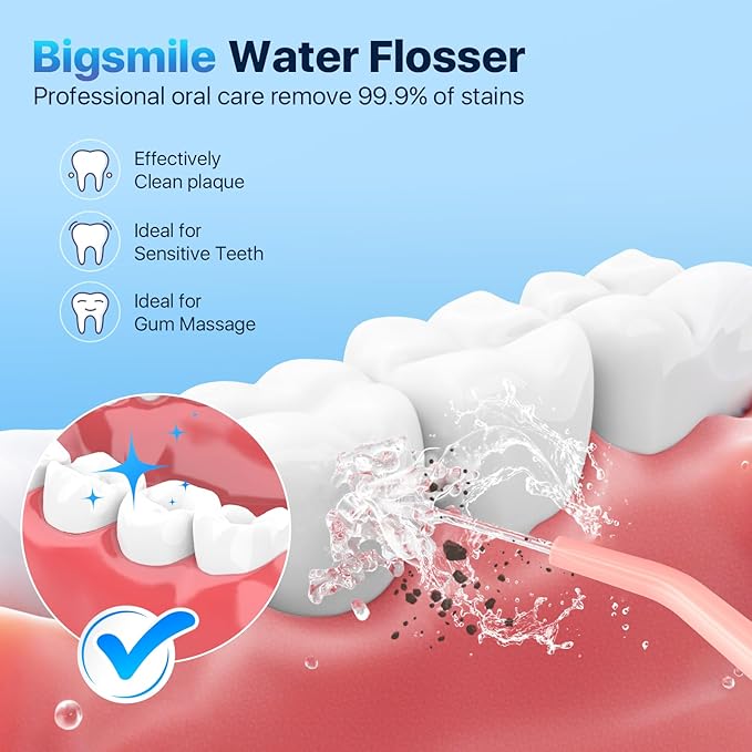 Bigsmile Pink Water Flosser Powerful Cordless Dental Irrigator for Kid Braces Travel Shower to Help Prevent Infections and Bad Breath Pick Floss IPX7 200ML (Pink)