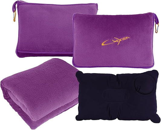 Travel Blanket & Pillow Set, 300 GSM Soft Fleece, 60x43 Inches, 3-in-1 Airplane Blanket, Travel Pillow and Blanket Set, Travel Blanket Airplane Compact with Bag, Travel Essentials, Violet