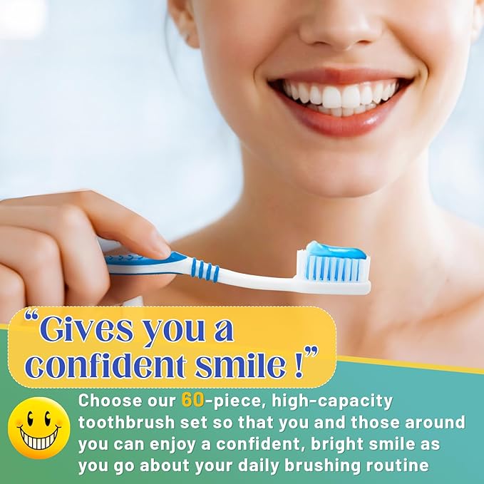 60 Pcs Toothbrush Bulk Disposable, Travel Toothbrushes Pack, Soft Bristle Individually Wrapped and Good Cleaning for Kids, Adult and The Elderly. Suitable for Hotel, Travel, Home, Donated