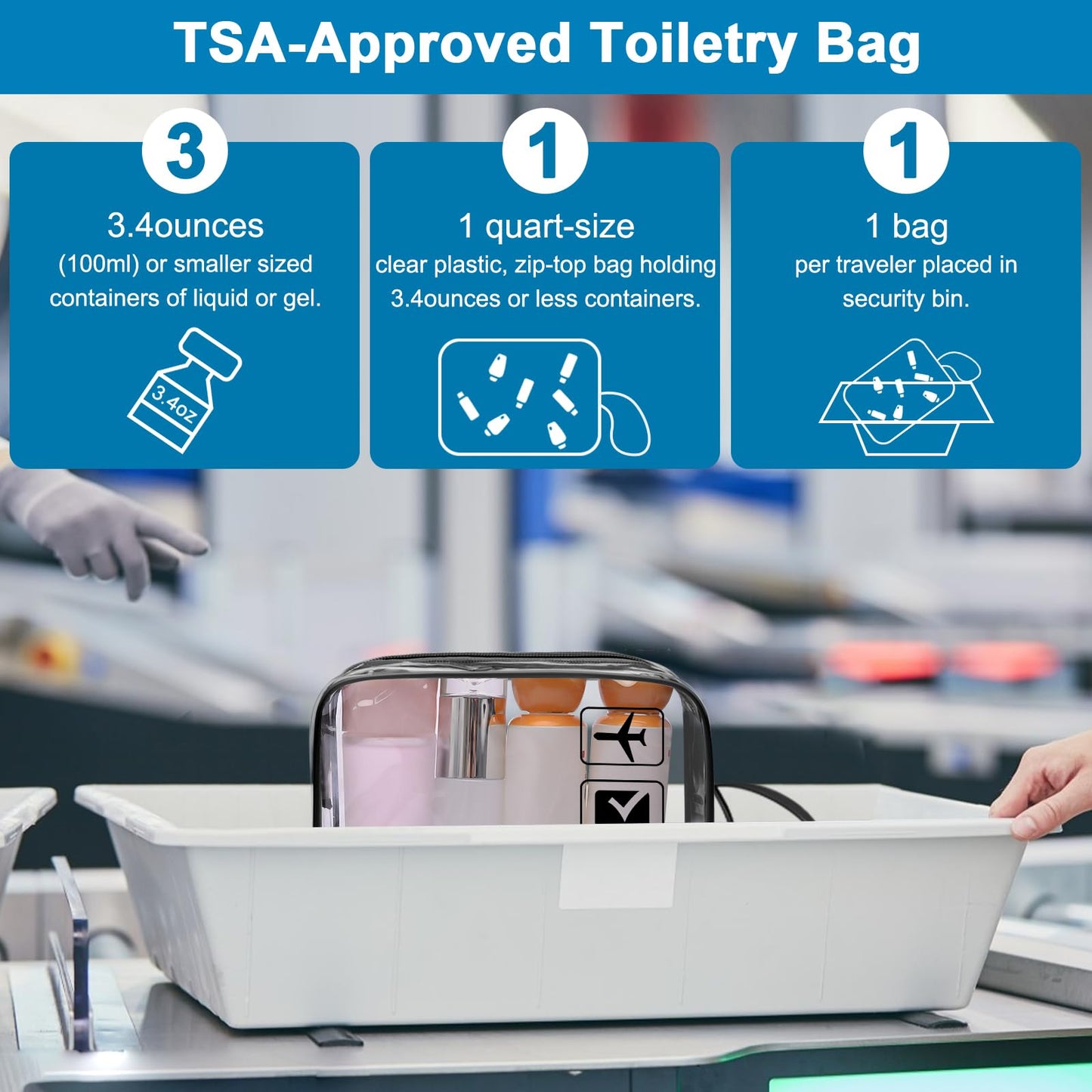 3pcs TSA-Approved Clear Travel Toiletry Bag With Handle Strap, ANRUI Airline Kit 3-1-1 Clear Liquids Toiletries & Cosmetics Organizer Carry-On Luggage for Women and Men - Black