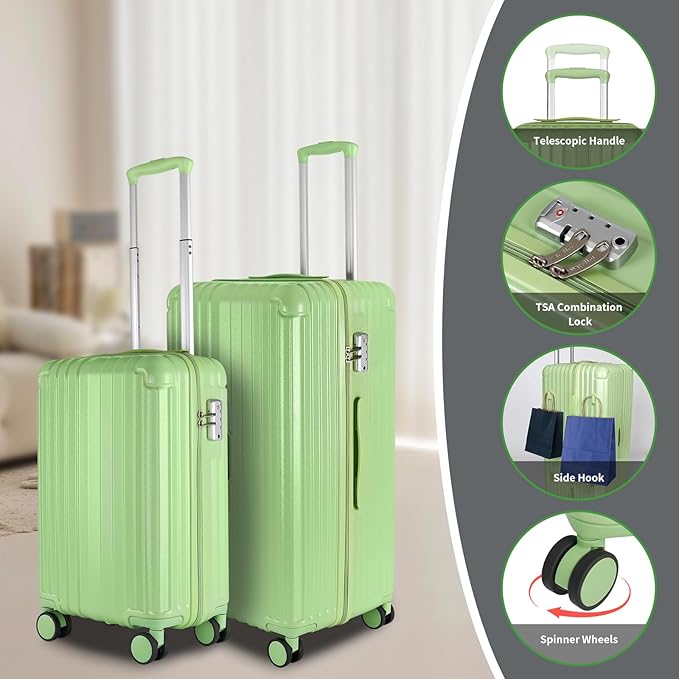 Carry-on 20 Inch and 28 Inch Square Thickened ABS+PC Hard Shell luggage, 2-Piece Suitcase Set with TSA Lock & Dual Zipper Mesh Inner Layer Design, Avocado Green