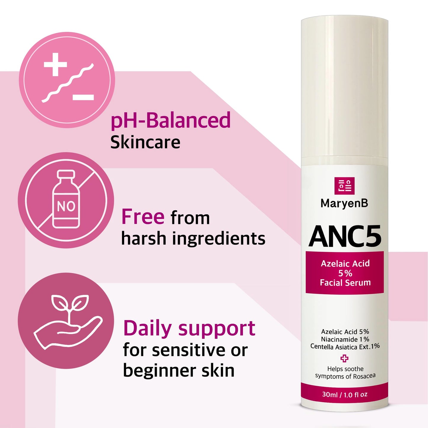 Azelaic Acid 5% Gentle Facial Serum with Niacinamide & Cica - Beginner-Friendly Face Serum for Sensitive Skin, Redness Relief - Korean Skincare, 1 Fl Oz (30ml)