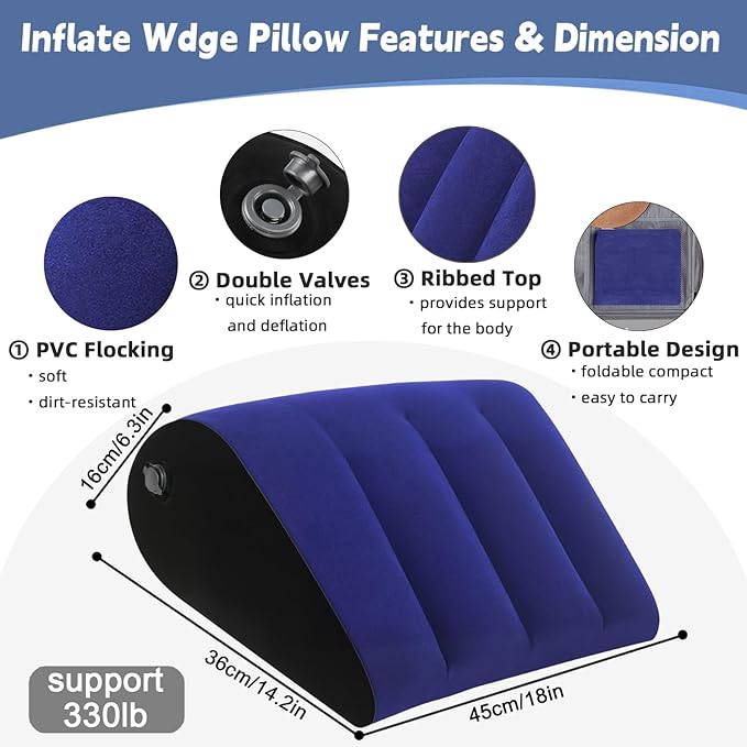 TheClover Inflatable Wedge Pillow for Sleeping - Leg Elevation, Use in Bed Back Support, Wedge Pillow for Sleep Apnea, Portable Travel Triangle Pillow, Camping, Fast Inflating Deflation (Blue)
