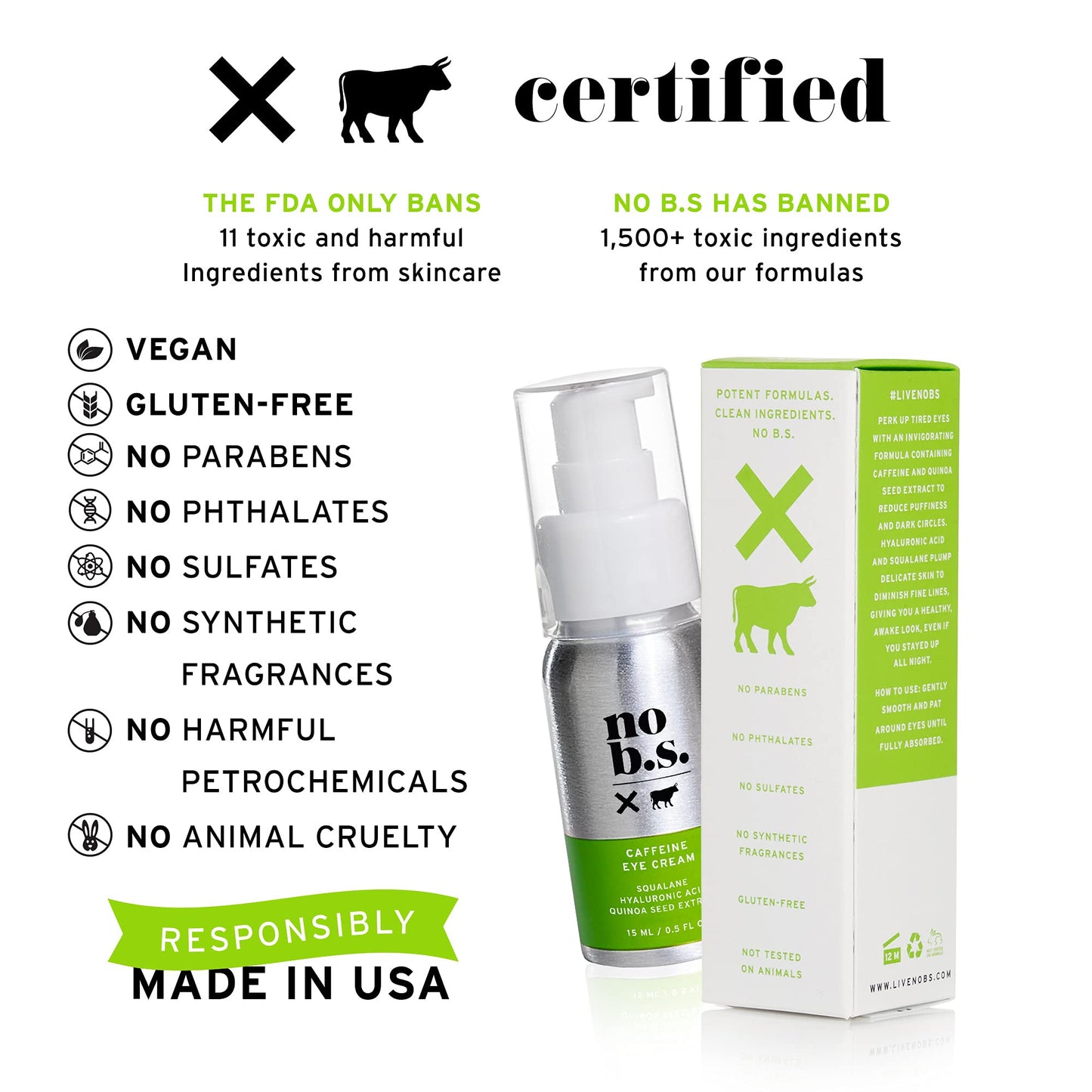 No B.S. (No Bad Stuff) Caffeine Eye Cream anti aging bundle with Two CoQ10 Deluxe Minis. Under Eye Cream for Dark Circles and Puffiness. Includes CoQ10 for Wrinkles.