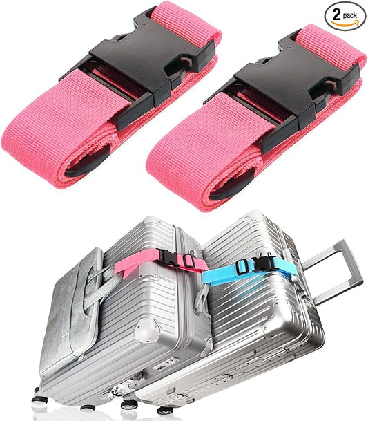 2Pack Luggage Straps for Suitcases, Travel Connector for Carry On Bag, Add Bag to Connect Two Suitcases, Adjustable Belt Attachment Accessories for Connect Your 3 Luggages, Pink