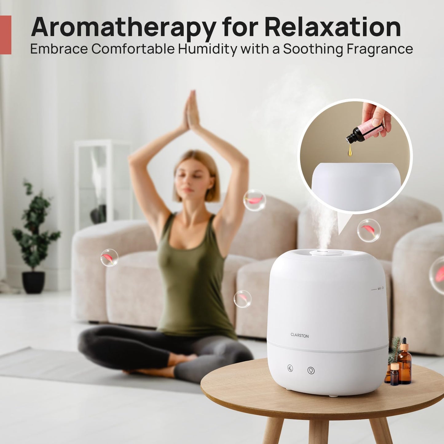 Clarston 2L Cool Mist Humidifier for Bedroom with 360° Adjustable Nozzle, High and Low Mist Levels, Ultra-Low Noise, Light-Off, No BPA, Auto Shut Off, Ideal Baby Humidifier with Easy Top Filling