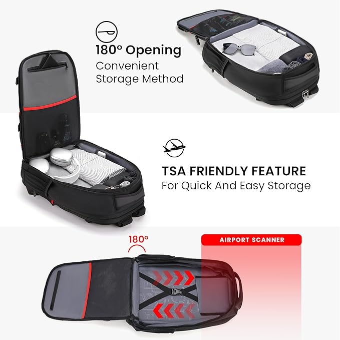 17.3 Large Laptop Backpack for Men Women 30l Travel Backpack Water Resistant Carry On Flight Anti-theft Computer Bag Expandable Rucksack Ergonomic Straps,Black