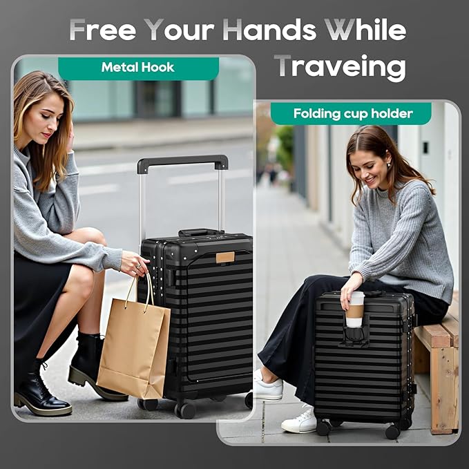 Joyway 20 Inch Carry on Luggage with Aluminium Frame and Front Pocket, PC Hardshell Suitcase with USB Port and Cup Holder, 21.5x14.2x9 Airline Approved, Luggage with Spinner Wheels and TSA Lock(Black)