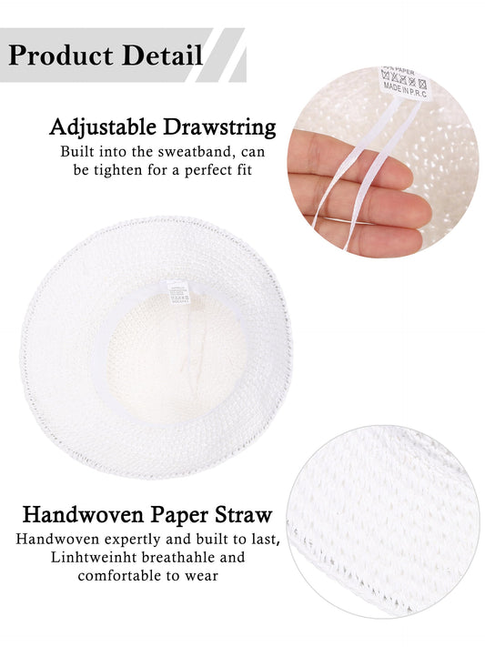 Womens Sun Hat Handmade Crochet Straw Bucket Hat Summer UV Protection Foldable Travel Cap UPF 50+(White)
