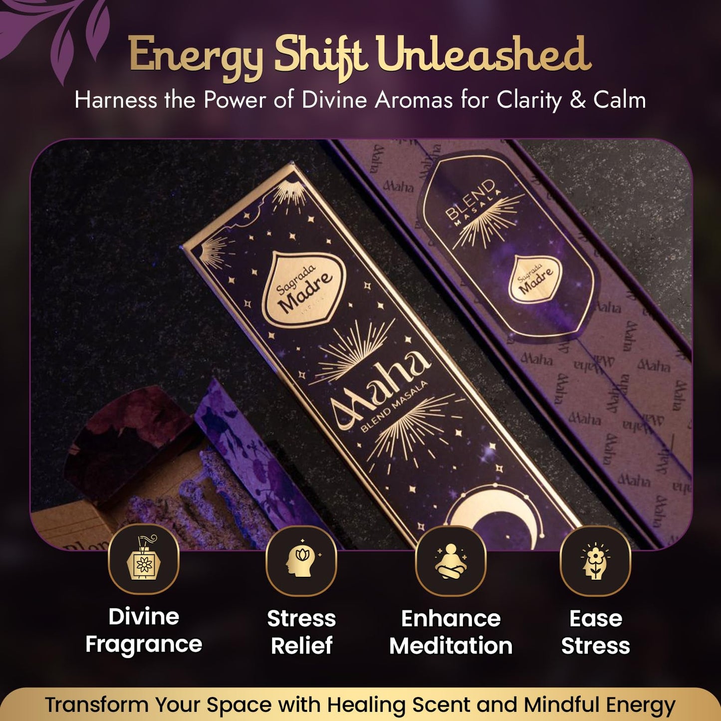 Sagrada Madre - 8 Extra-Durable Maha Masala Incense Sticks - 9” Long Handmade & Thick Aromatherapy Sticks with Rose Petals & Essential Oils for Meditation & Spiritual Harmony - 1 Hour Burn Time