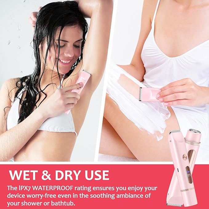 2025 Upgraded Bikini Trimmer for Women, Glow Aura Womens Shaver 2 in 1 with LCD Display, Dual Head Electric Shaver, Waterproof Wet/Dry Body Hair Trimmer for Face, Body & Intimate Areas (Pink)