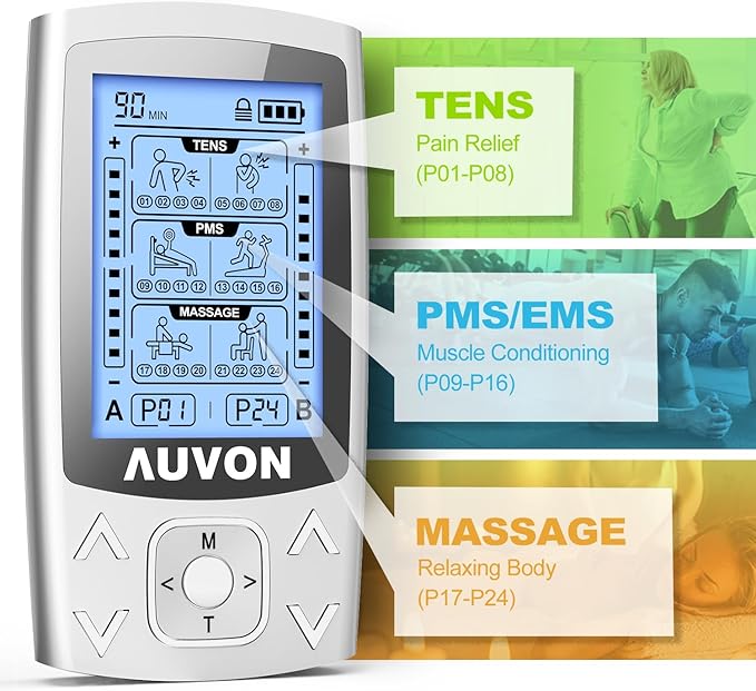 AUVON Dual Channel TENS EMS Unit 24 Modes Muscle Stimulator for Pain Relief, Rechargeable TENS Machine Massager with 12 Pads, ABS Pads Holder, USB Cable and Dust-Proof Storage Bag