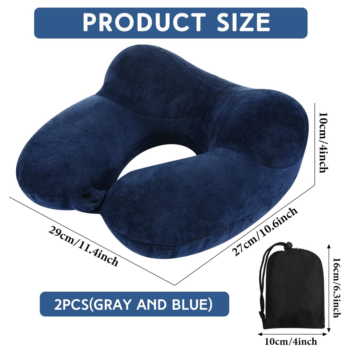 Sintuff 2 Pack Inflatable Travel Pillow for Airplanes Inflatable Neck Flight Pillows with Compact Bag and Blindfold for Traveling, Airplane, Train, Car, Office(Gray and Blue)